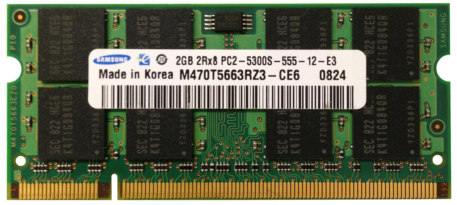 M470T5663RZ3-CE6 Samsung 2GB PC2-5300 DDR2-667MHz non-ECC Unbuffered CL5 200-Pin SoDimm Dual Rank Memory Module