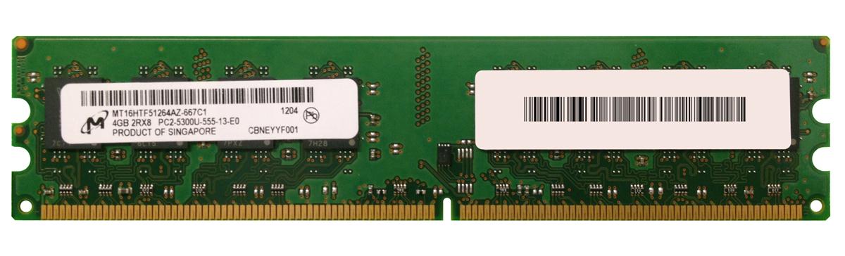 MT16HTF51264AZ-667C1 Micron 4GB PC2-5300 DDR2-667MHz non-ECC Unbuffered CL5 1.8v 240-Pin DIMM Dual Rank Memory Module