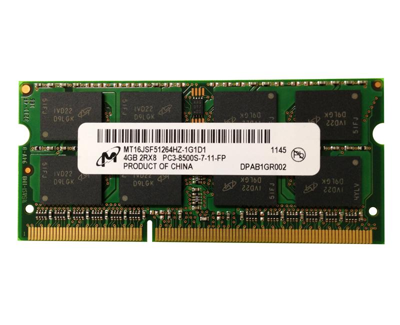 MT16JSF51264HZ-1G1D1 Micron 4GB PC3-8500 DDR3-1066MHz non-ECC Unbuffered CL7 204-Pin SoDimm Dual Rank Memory Module