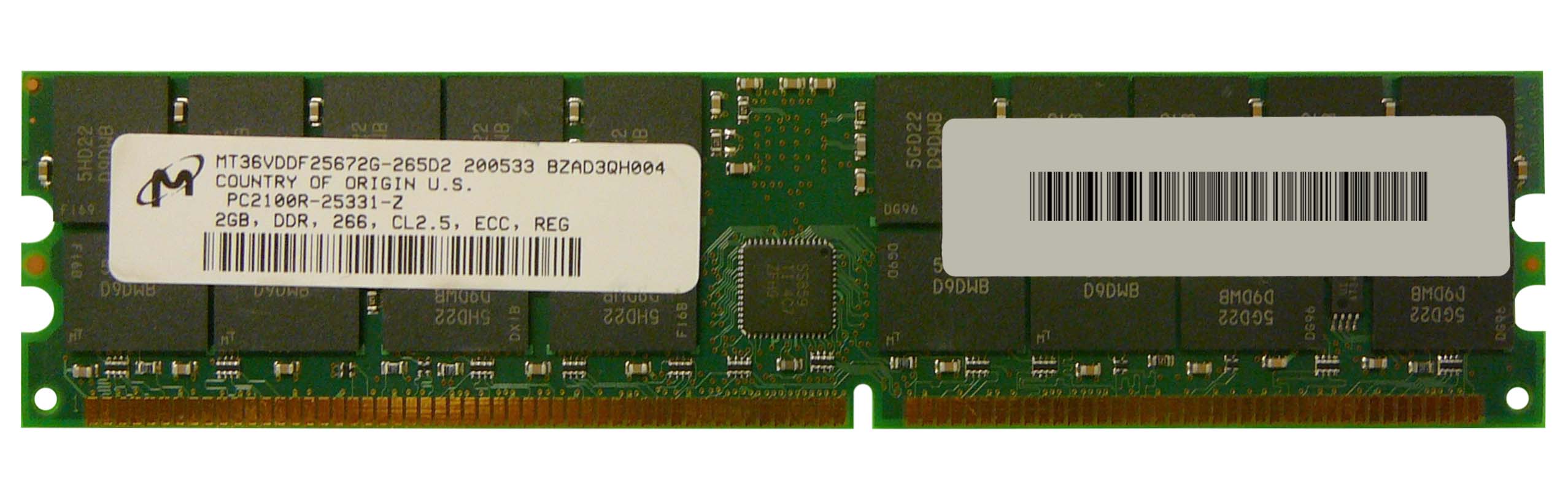 MT36VDDF25672G-265D2 Micron 2GB PC2100 DDR-266MHz Registered ECC CL2.5 184-Pin DIMM 2.5V Memory Module
