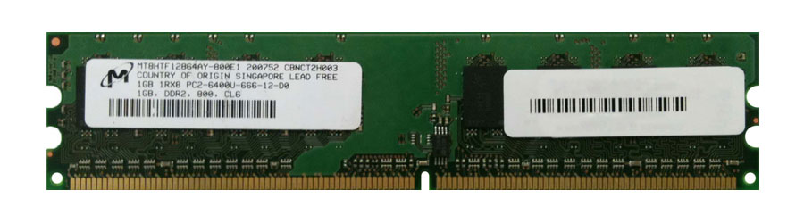 MT8HTF12864AY-800E1 Micron 1GB PC2-6400 DDR2-800MHz non-ECC Unbuffered CL6 240-Pin DIMM Single Rank Memory Module