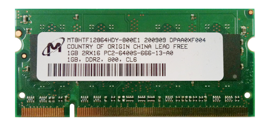 MT8HTF12864HDY-800 Micron 1GB PC2-6400 DDR2-800MHz non-ECC Unbuffered CL6 200-Pin SoDimm Dual Rank Memory Module