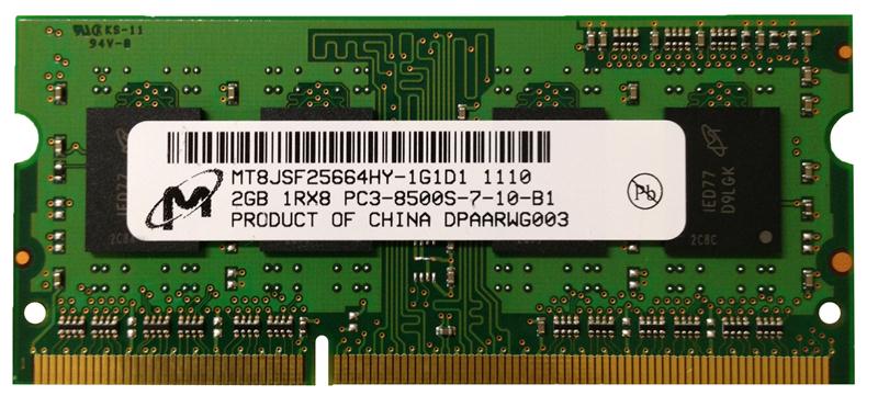 MT8JSF25664HY-1G1D1 Micron 2GB PC3-8500 DDR3-1066MHz non-ECC Unbuffered CL7 204-Pin SoDimm Single Rank Memory Module