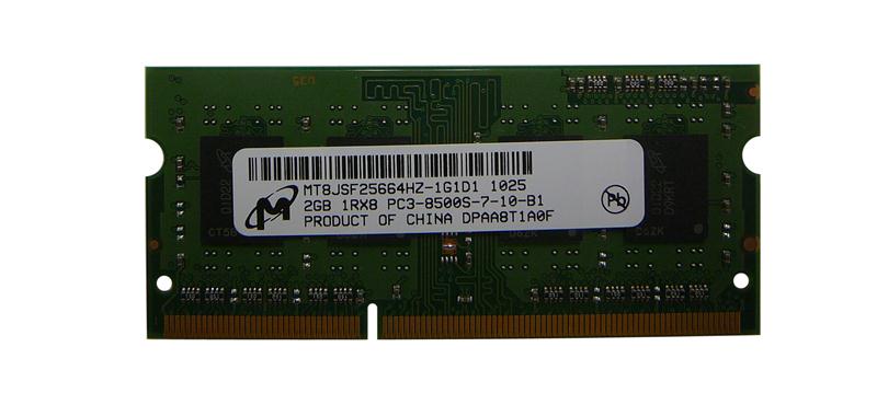 MT8JSF25664HZ-1G1D1 Micron 2GB PC3-8500 DDR3-1066MHz non-ECC Unbuffered CL7 204-Pin SoDimm Single Rank Memory Module