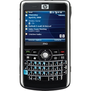 FB068AA#ABA HP iPAQ 910c Business Messenger Smartphone Wireless LAN Bar Black SIM Windows Mobile 6.1 Professional Marvell416 MHz 256 MB Built-in Memory 128 MB 2.5-inch LCD 320 x 240 3.2 Megapixel CameraQuad Band GPS Reciever Bluetooth USB 7.50 Hour Talk Time
