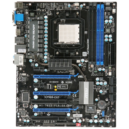 7612-XXX MSI Socket AM3 Nvidia nForce 980a SLI Chipset AMD Phenom II X4/ Phenom II X3/ Phenom II X2/ Athlon II X4/ Athlon II X2/ AMD Sempron Processors Support DDR3 4x DIMM 6x SATA2 3.0Gb/s ATX Motherboard (Refurbished)