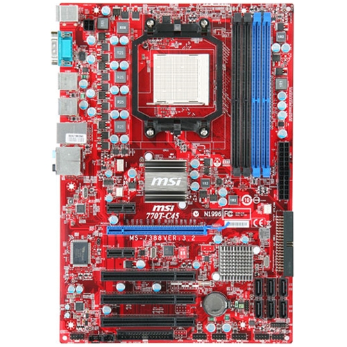 770T-C45 MSI Socket AM2+ AMD 770 + SB710 Chipset AMD Phenom II X4/ Phenom II X3/ Phenom II X2/ Phenom X4/ Phenom X3/ AMD Athlon II X2/ Athlon X2/ Athlon AMD Sempron Processors Support DDR2 4x DIMM 6x SATA 3.0Gb/s ATX Motherboard (Refurbished)