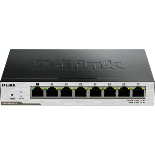 DGS-1100-08PD D-Link 8-Port Gigabit Smart Managed Desktop Switch, PoE Powered 8 x Gigabit Ethernet Network Manageable Twisted Pair 2 Layer Supported Desktop (Refurbished)