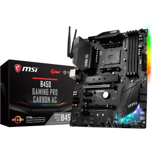 B450GPCARBAC MSI B450 GAMING PRO CARBON AC Socket AM4 AMD B450 Chipset AMD Ryzen 1st/2nd Generation Processors Support DDR4 4x DIMM 6x SATA 6.0Gb/s ATX Motherboard (Refurbished)