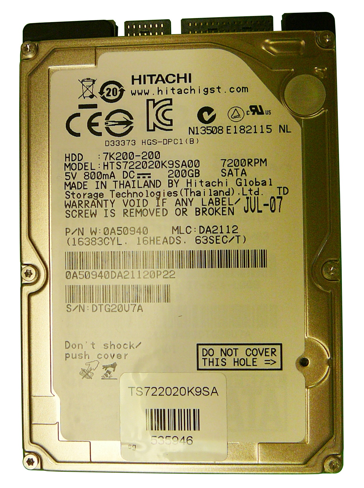 0A50940 Hitachi Travelstar 7K200 200GB 7200RPM SATA 1.5Gbps 16MB Cache 2.5-inch Internal Hard Drive