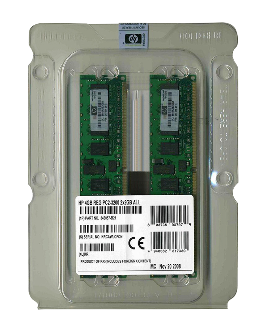 343057-B21 HP 4GB Kit (2 X 2GB) PC2-3200 DDR2-400MHz ECC Registered CL3 240-Pin DIMM Memory for ProLiant DL360 / DL380 G4 Server