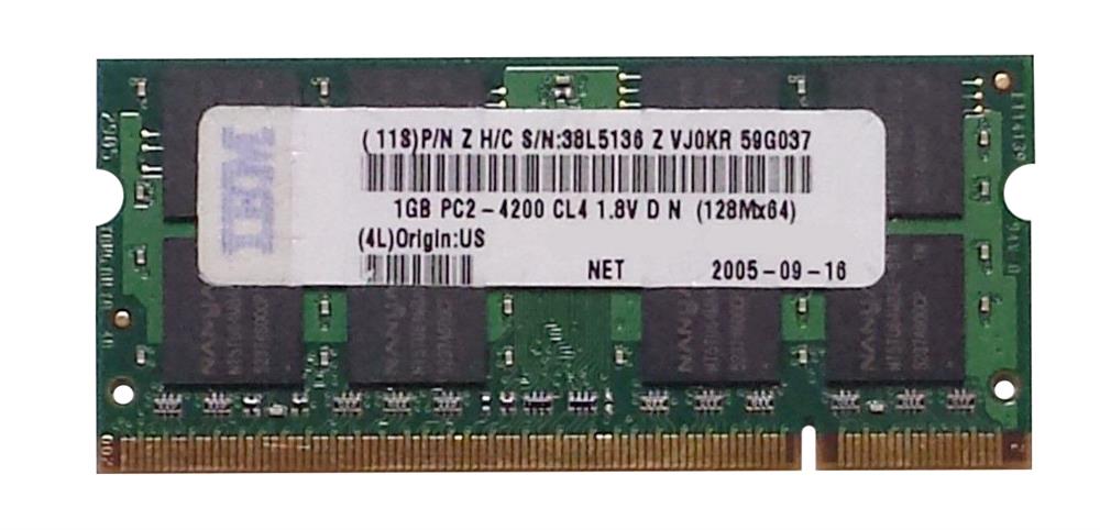 38L5136 IBM 1GB PC2-4200 DDR2-533MHz non-ECC Unbuffered CL4 200-Pin SoDimm Memory Module