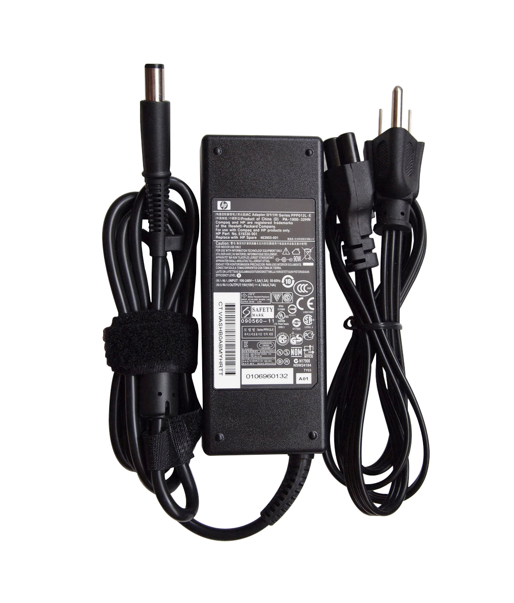 463955-001 HP 90-Watts 100-240VAC 50-60Hz 1.5A 19VDC Smart Pin Slim AC Power Adapter for NC6000/NC8400/NX8400 Series Notebooks