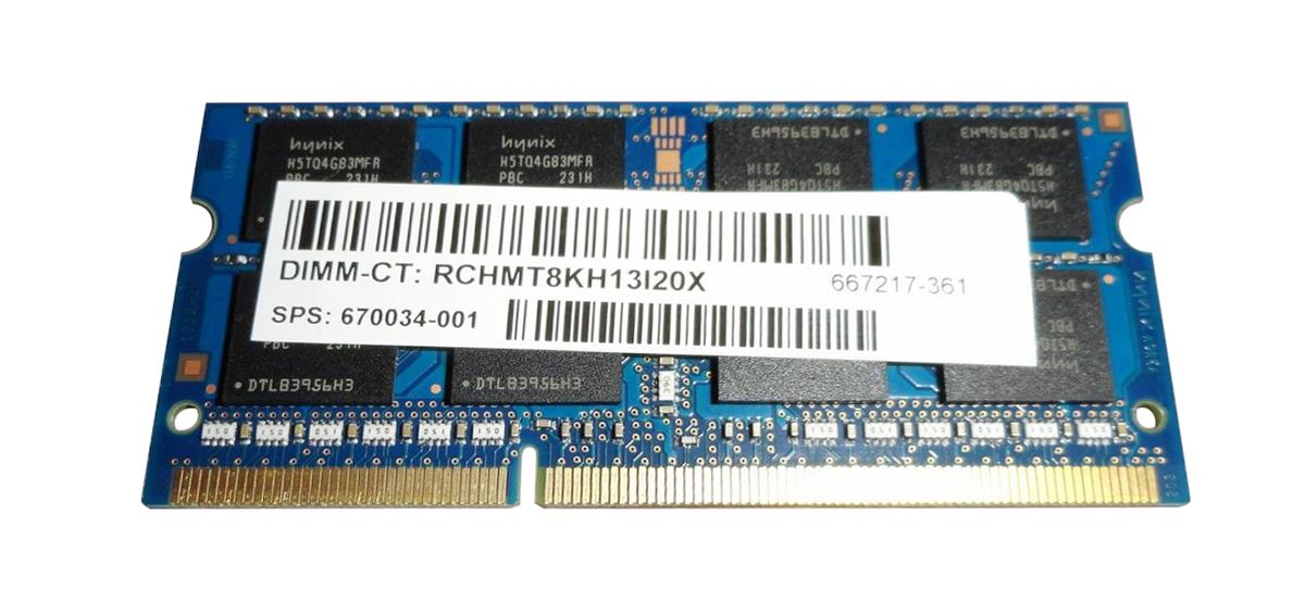 670034-001 HP 8GB PC3-12800 DDR3-1600MHz non-ECC Unbuffered CL11 204-Pin SoDimm Dual Rank Memory Module