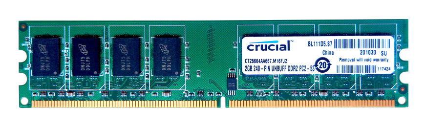 CT25664AA667.M16FJ2 Crucial 2GB PC2-5300 DDR2-667MHz non-ECC Unbuffered CL5 240-Pin DIMM Memory Module