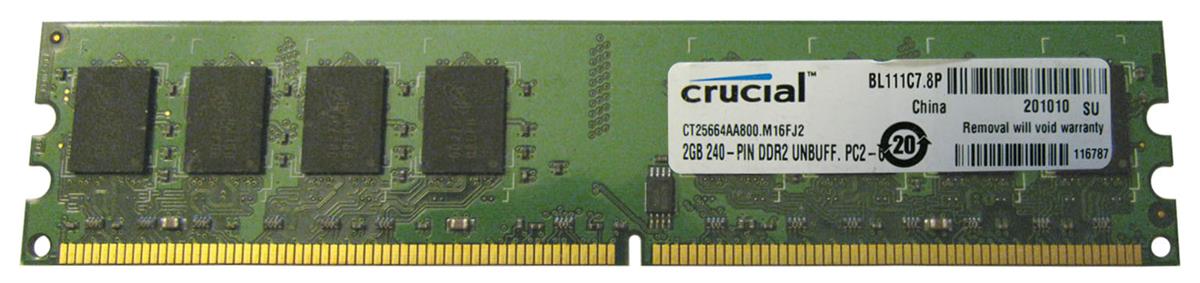 CT25664AA800.M16FJ2 Crucial 2GB PC2-6400 DDR2-800MHz non-ECC Unbuffered CL6 240-Pin DIDIMM Dual Rank Memory Module