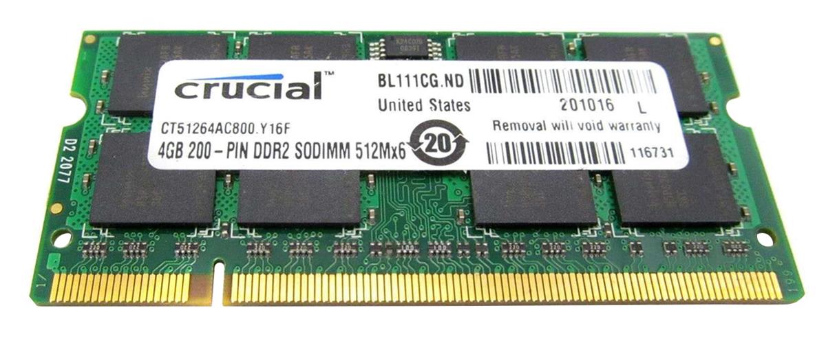 CT51264AC800.Y16F Crucial 4GB PC2-6400 DDR2-800MHz non-ECC Unbuffered CL6 200-Pin SoDimm Dual Rank Memory Module