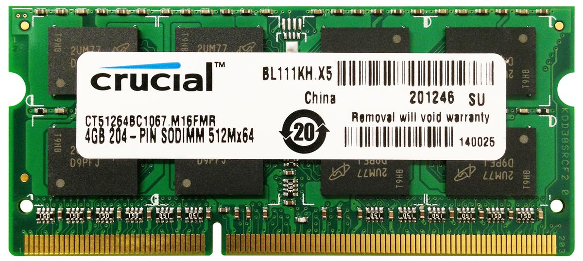 CT51264BC1067.M16FMR Crucial 4GB PC3-8500 DDR3-1066MHz non-ECC Unbuffered CL7 204-Pin SoDimm Dual Rank Memory Module