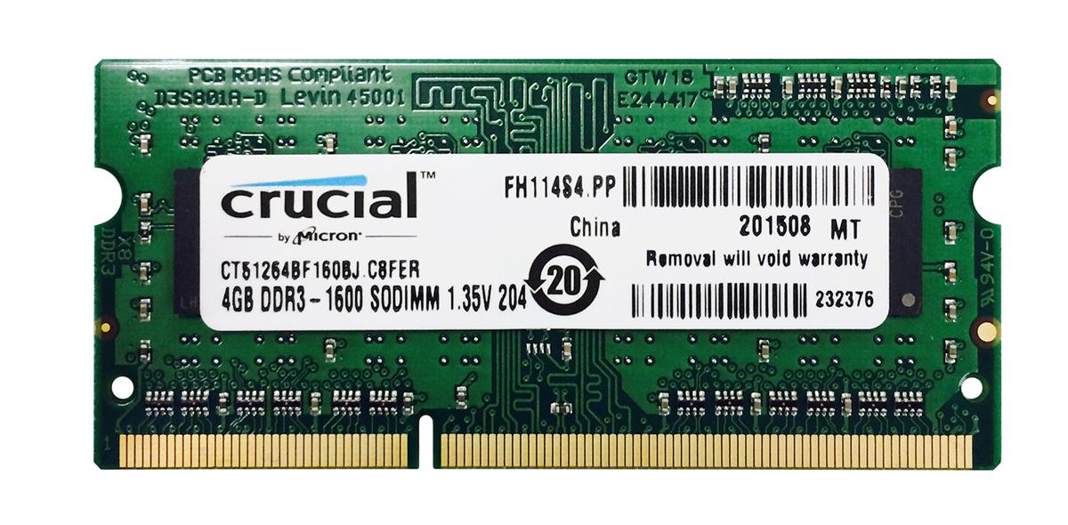 CT51264BF160BJ.C8FER Crucial 4GB PC3-12800 DDR3-1600MHz non-ECC Unbuffered CL11 204-Pin SoDimm 1.35V Low Voltage Single Rank Memory Module