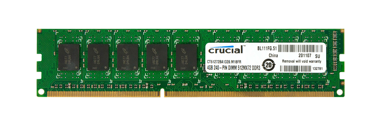 CT51272BA1339 Crucial 4GB PC3-10600 DDR3-1333MHz ECC Unbuffered CL9 240-Pin DIMM Dual Rank Memory Module