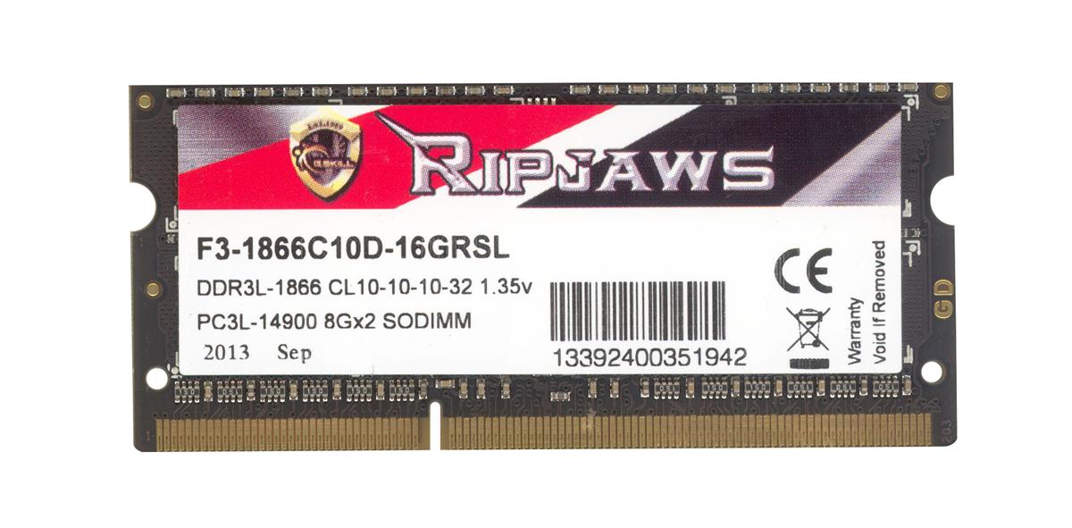 F3-1866C10D-16GRSL G.Skill 16GB Kit (2 X 8GB) PC3-14900 DDR3-1866MHz non-ECC Unbuffered CL10-10-10-32 204-Pin SoDimm 1.35V Low Voltage Memory