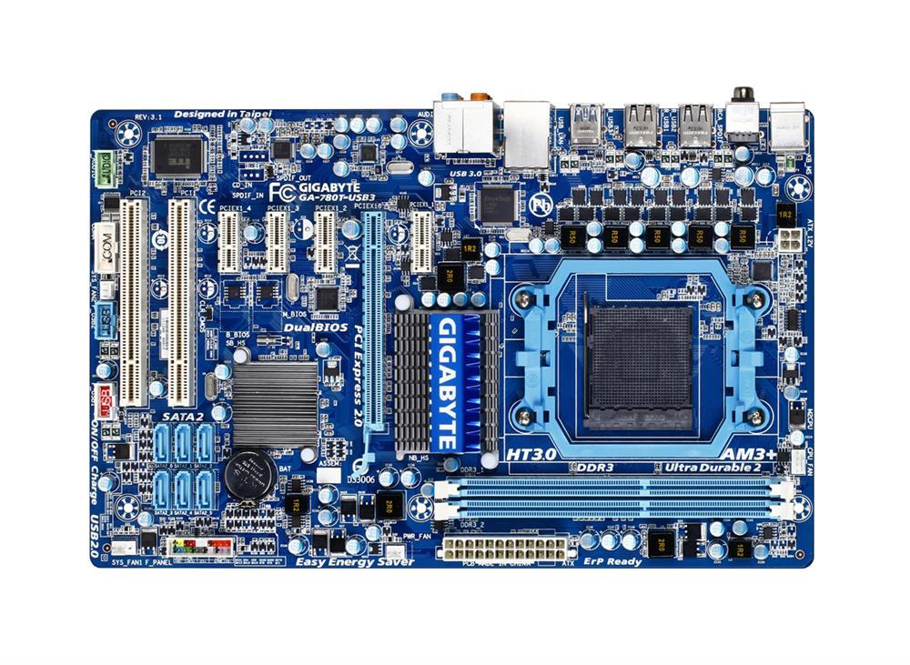 GA-780T-USB3 Gigabyte Socket AM3+ AMD 760G + SB710 Chipset AMD AM3 Phenom II/ AMD Athlon II Processors Support DDR3 2x DIMM 6x SATA 3.0Gb/s ATX Motherboard (Refurbished)