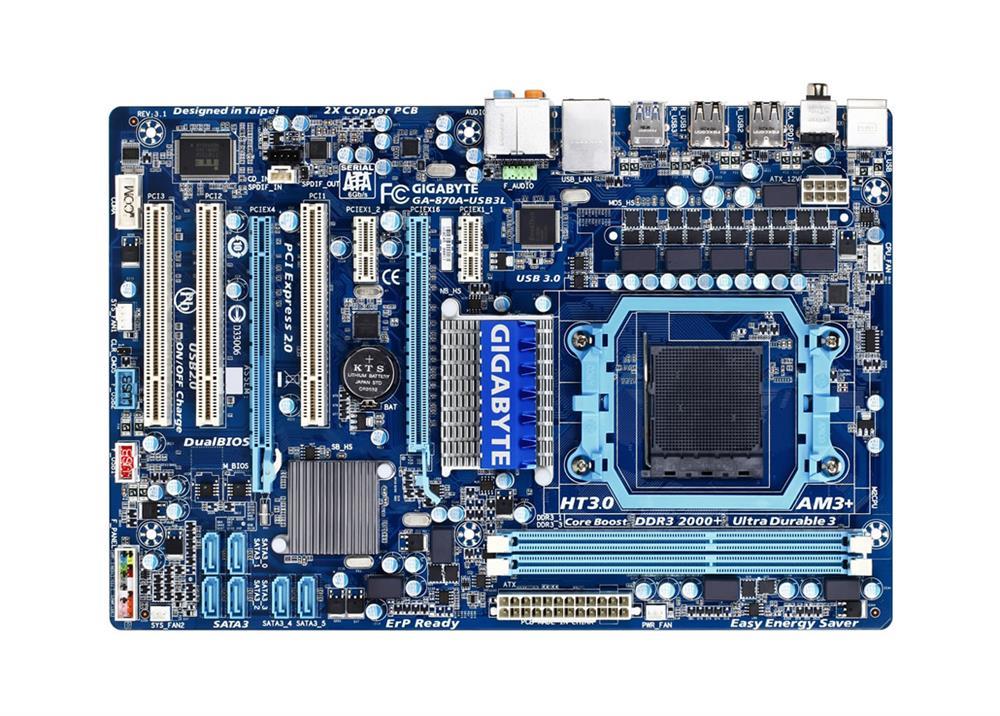 GA-870A-USB3L Gigabyte Socket AM3+ AMD 870/ SB850 Chipset AMD AM3+/ AM3 Phenom II/ Athlon II/ Processors Support DDR3 2x DIMM 6x SATA 3.0Gb/s ATX Motherboard (Refurbished)