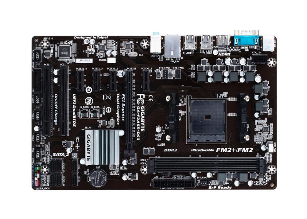 GA-F2A55-DS3 Gigabyte Socket FM2 AMD A55 Chipset AMD A Series / AMD Athlon Series Processors Support DDR3 2x DIMM 6x SATA 3.0Gb/s ATX Motherboard (Refurbished)