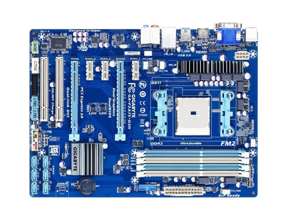 GA-F2A75-D3H Gigabyte Socket FM2 AMD A75 Chipset AMD A Series / AMD Athlon Series Processors Support DDR3 4x DIMM 6x SATA 6.0Gb/s ATX Motherboard (Refurbished)