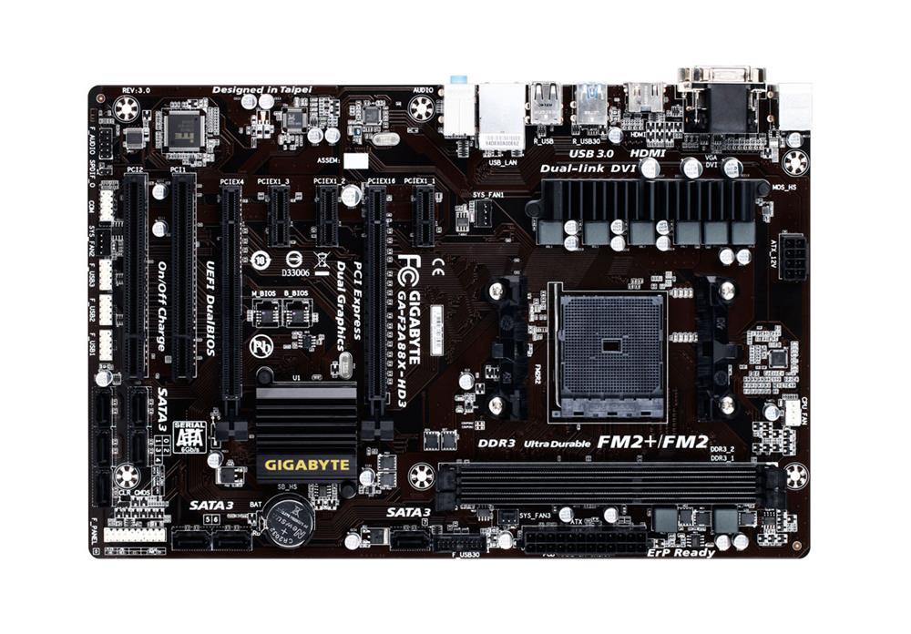 GA-F2A88X-HD3 Gigabyte Socket FM2+ AMD A88X Chipset AMD A-Series/ Athlon Series Processors Support DDR3 2x DIMM 8x SATA 6.0Gb/s ATX Motherboard (Refurbished)