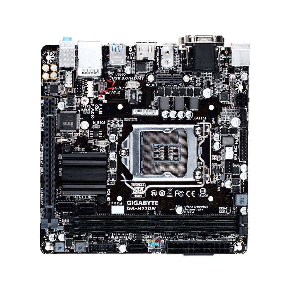 GA-H110N DDR4 Gigabyte Socket LGA 1151 Intel H110 Express Chipset 6th Generation Core i7 / i5 / i3 / Pentium / Celeron Processors Support DDR4 2x DIMM 3x SATA 6.0Gb/s Mini-ITX Motherboard (Refurbished)
