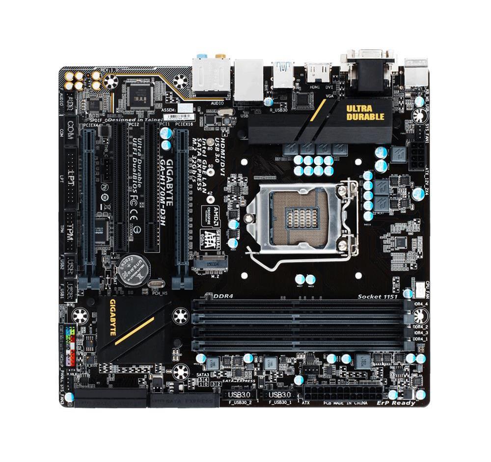 GA-H170M-D3H DDR4 Gigabyte Socket LGA 1151 Intel H170 Express Chipset 7th/6th Generation Core i7 / i5 / i3 / Pentium / Celeron Processors Support DDR4 4x DIMM 6x SATA 6.0Gb/s Micro-ATX Motherboard (Refurbished)