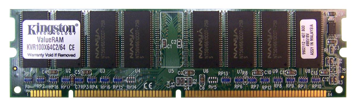 KVR100X64C2/64 Kingston 64MB PC100 100MHz non-ECC Unbuffered CL2 168-Pin DIMM Memory Module