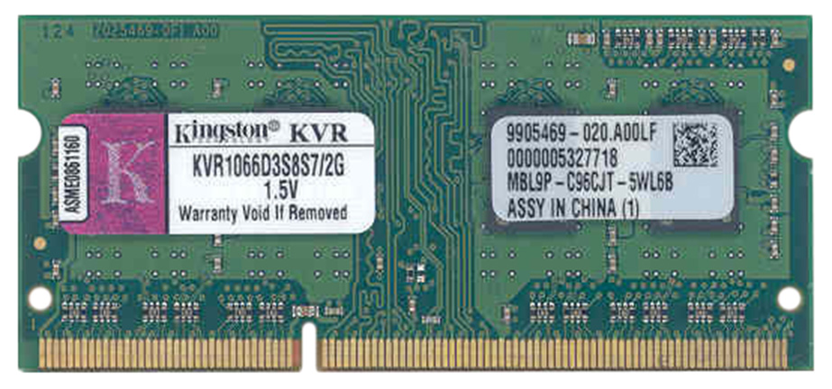 KVR1066D3S8S7/2G Kingston 2GB PC3-8500 DDR3-1066MHz non-ECC Unbuffered CL7 204-Pin SoDimm Single Rank x8 Memory Module