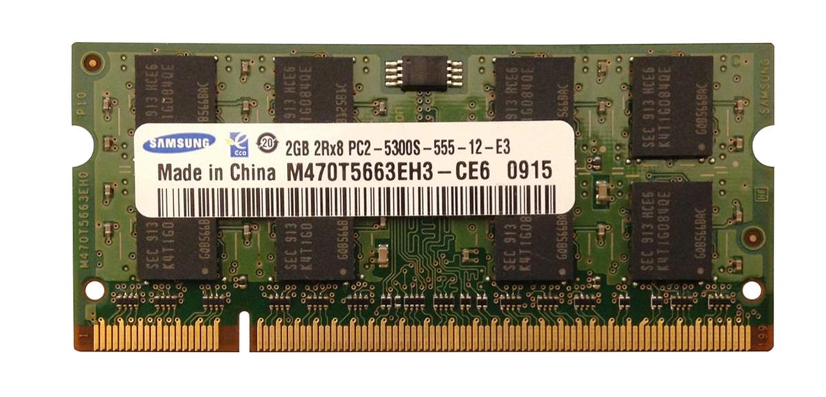 M470T5663EH3-CE6 Samsung 2GB PC2-5300 DDR2-667MHz non-ECC Unbuffered CL5 200-Pin SoDimm Dual Rank Memory Module