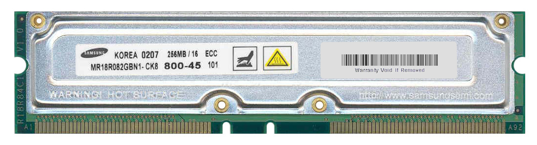 88.102899 Samsung 512MB Kit (2 X 256MB) RDRAM PC800 ECC 45ns 800MHz 184-Pin 2.5v 128Meg x 18 for SuperMicro PIIIDRE (MBD-P3DRE-U) Motherboard