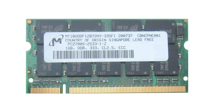 MT18VDDF12872HY-335F1 Micron 1GB PC2700 DDR-333MHz ECC Unbuffered CL2.5 200-Pin SoDimm Dual Rank Memory Module