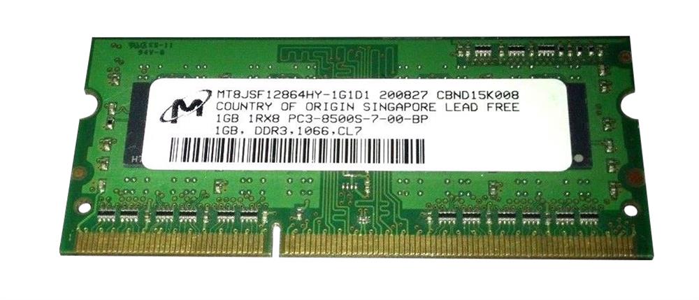 MT8JSF12864HY-1G1 Micron 1GB PC3-8500 DDR3-1066MHz non-ECC Unbuffered CL7 204-Pin SoDimm Single Rank Memory Module