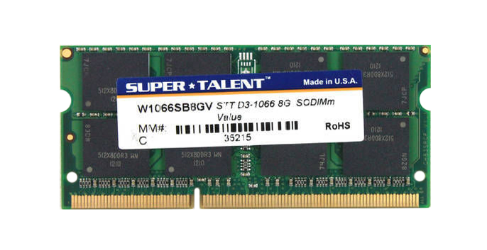 W1066SB8GV Super Talent 8GB PC3-8500 DDR3-1066MHz non-ECC Unbuffered CL7 204-Pin SoDimm Dual Rank Memory Module