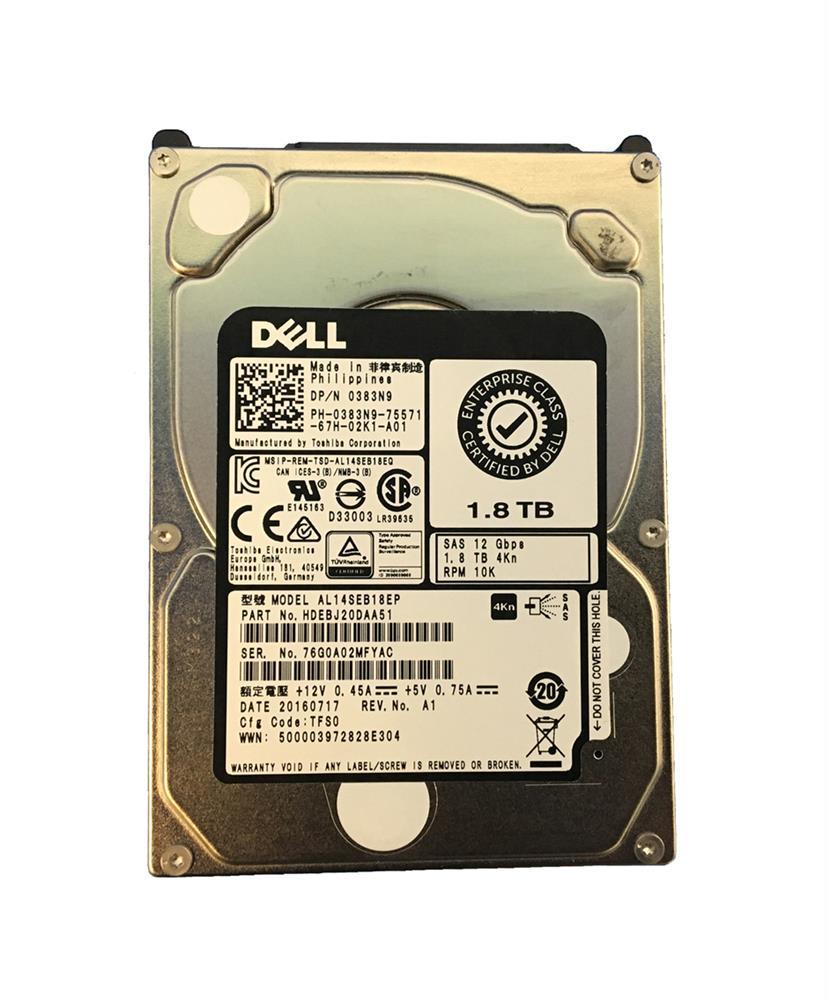 0383N9 Dell 1.8TB 10000RPM SAS 12Gbps 2.5-inch Internal Hard Drive with Tray for PowerEdge Server G13