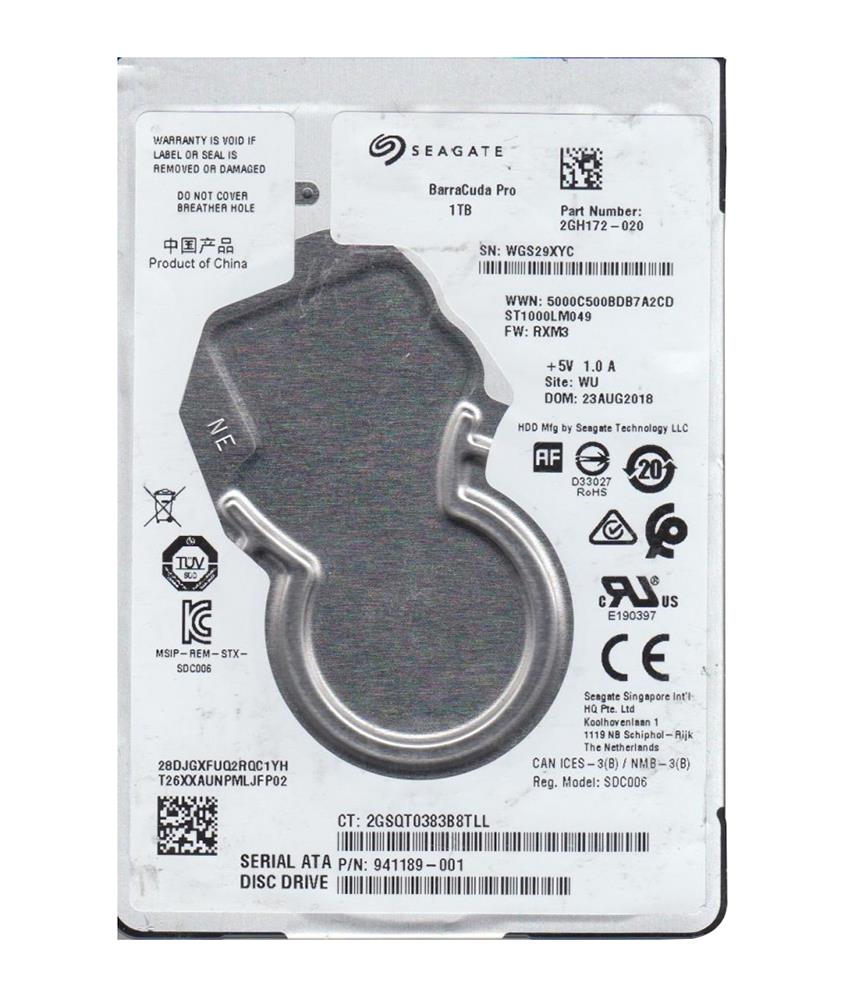 2GH172-020 Seagate Barracuda 1TB 7200RPM SATA 6Gbps Cache (512e) 2.5-inch Internal Hard Drive