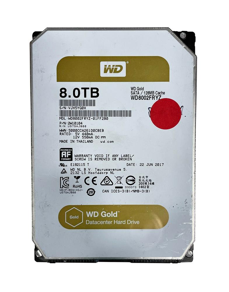 2W10104 Western Digital Gold 8TB 7200RPM SATA 6Gbps 128MB Cache 3.5-inch Internal Hard Drive