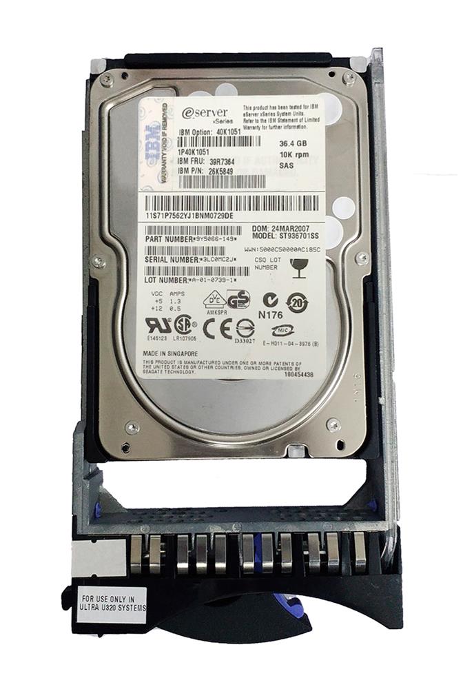 40K1051 IBM 36.4GB 10000RPM SAS 3Gbps Hot Swap 2.5-inch Internal Hard Drive for System x3650