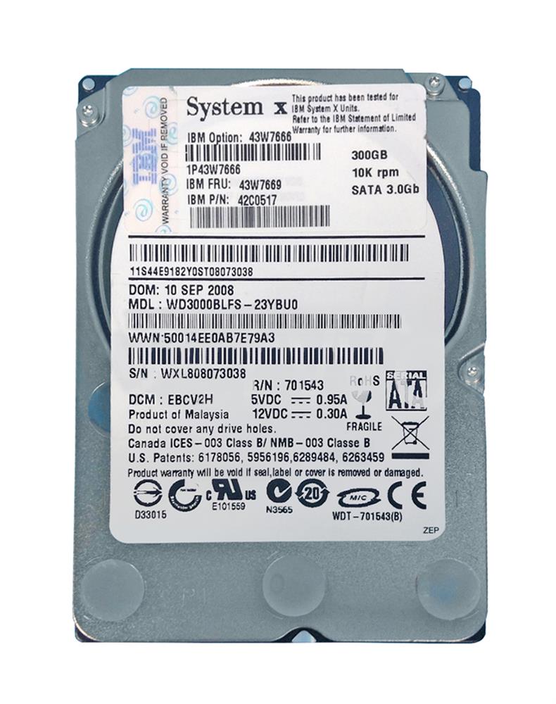 43W7666 IBM 300GB 10000RPM SATA 3Gbps 16MB Cache 2.5-inch Internal Hard Drive for BladeCenter HS21 XM