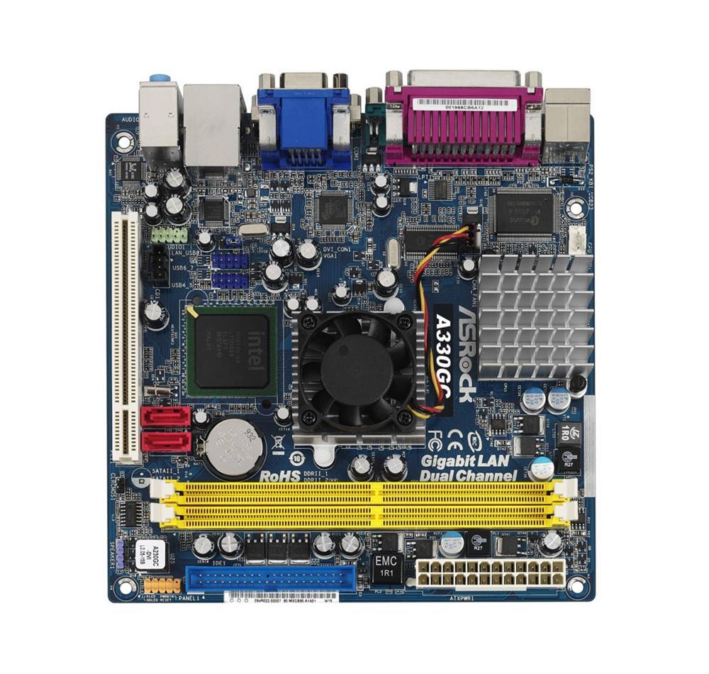 4711140874159 ASRock A330GC Intel 945GC + ICH7 Chipset Intel Atom 330 Dual-Core Processors Support DDR2 2x DIMM 2x SATA2 3.0Gb/s Mini-ITX Motherboard (Refurbished)
