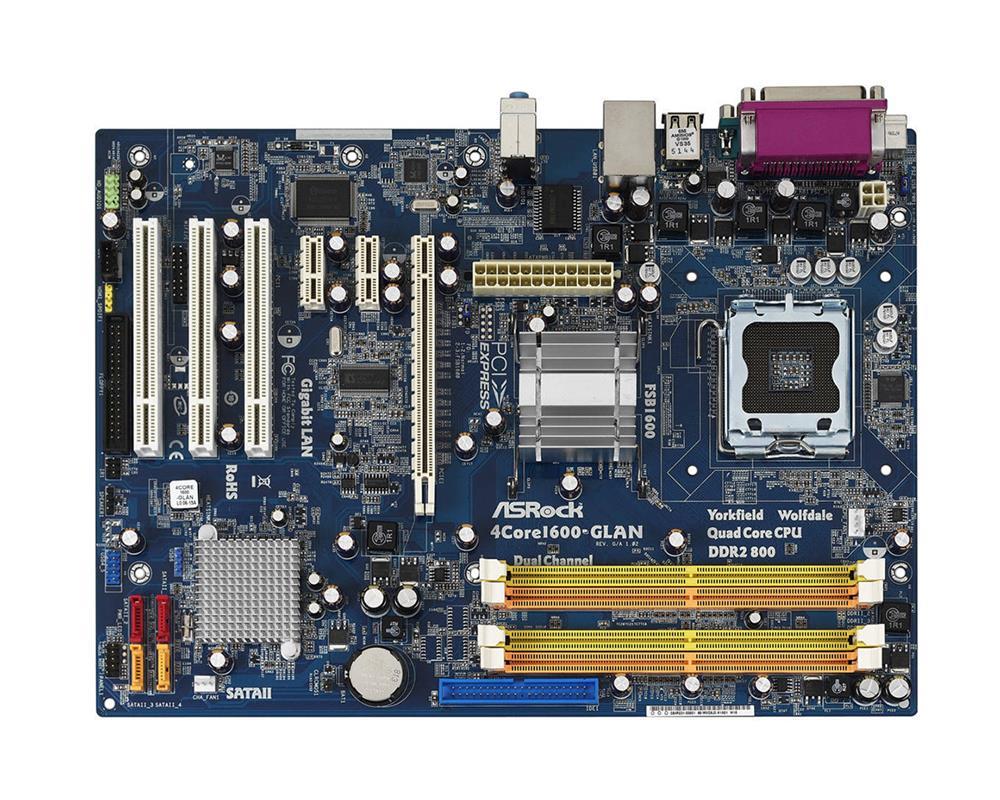 4CORE1600-GLAN-BO-R ASRock 4Core1600-GLAN Socket LGA 775 Intel P31 + ICH7 Chipset Core 2 Extreme/ Core 2 Duo/ Core 2 Quad/ Pentium Dual-Core/ Celeron Processors Support DDR2 4x DIMM 4x SATA2 3.0Gb/s ATX Motherboard (Refurbished)