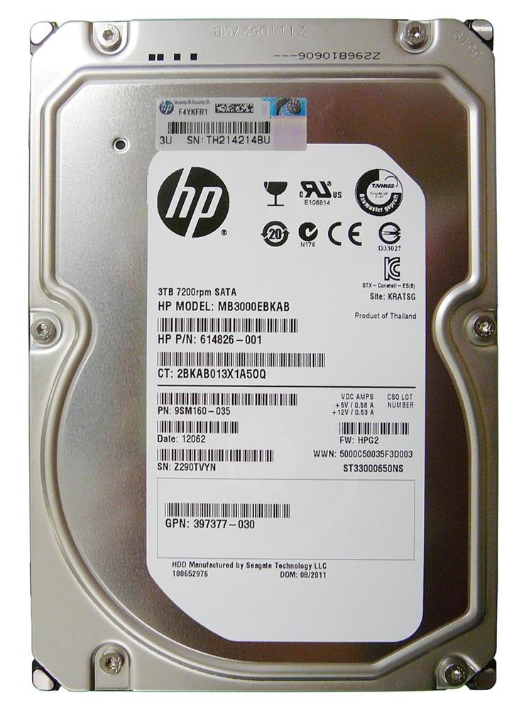 628162-001 HP 3TB 7200RPM SATA 6Gbps MidLine 3.5-inch Internal Hard Drive with Smart Carrier