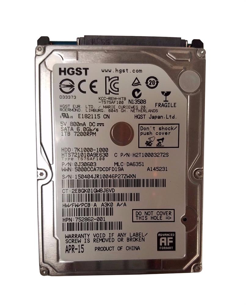 752862-001 HP 1TB 7200RPM SATA 6Gbps 32MB Cache (512e) 2.5-inch Internal Hard Drive