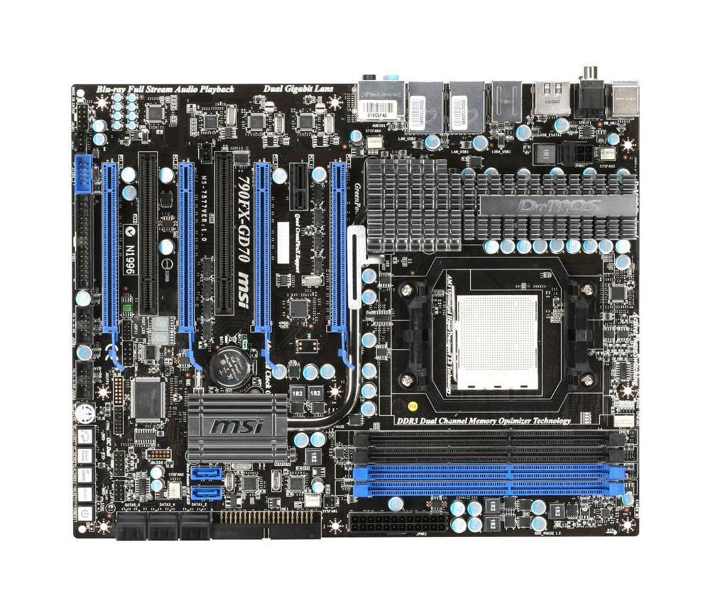 7577-010R MSI Socket AM3 AMD 790FX + SB750 Chipset AMD Phenom II X4/ Phenom II X3/ Phenom II X2 Processors Support DDR3 4x DIMM 8x SATA2 3.0Gb/s ATX Motherboard (Refurbished)