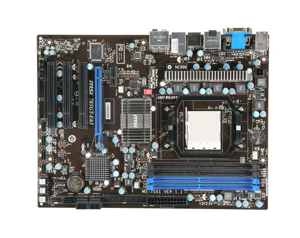 785GTE63 MSI Socket AM2+ AMD 785G + SB710 Chipset AMD Phenom II X4/ Phenom II X3/ Phenom II X2/ Phenom X4/ Phenom X3/ Phenom X2/ Phenom FX/ AMD Athlon 64 FX/ Athlon 64 X2 Processors Support DDR2 4x DIMM 5x SATA2 3.0Gb/s ATX Motherboard (Refurbished)